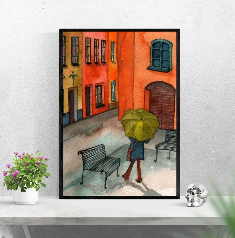 Watercolour Print - Walking in the Rain