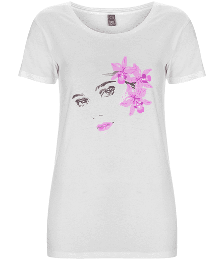 White T Shirt with Girls Face & Magenta Orchids