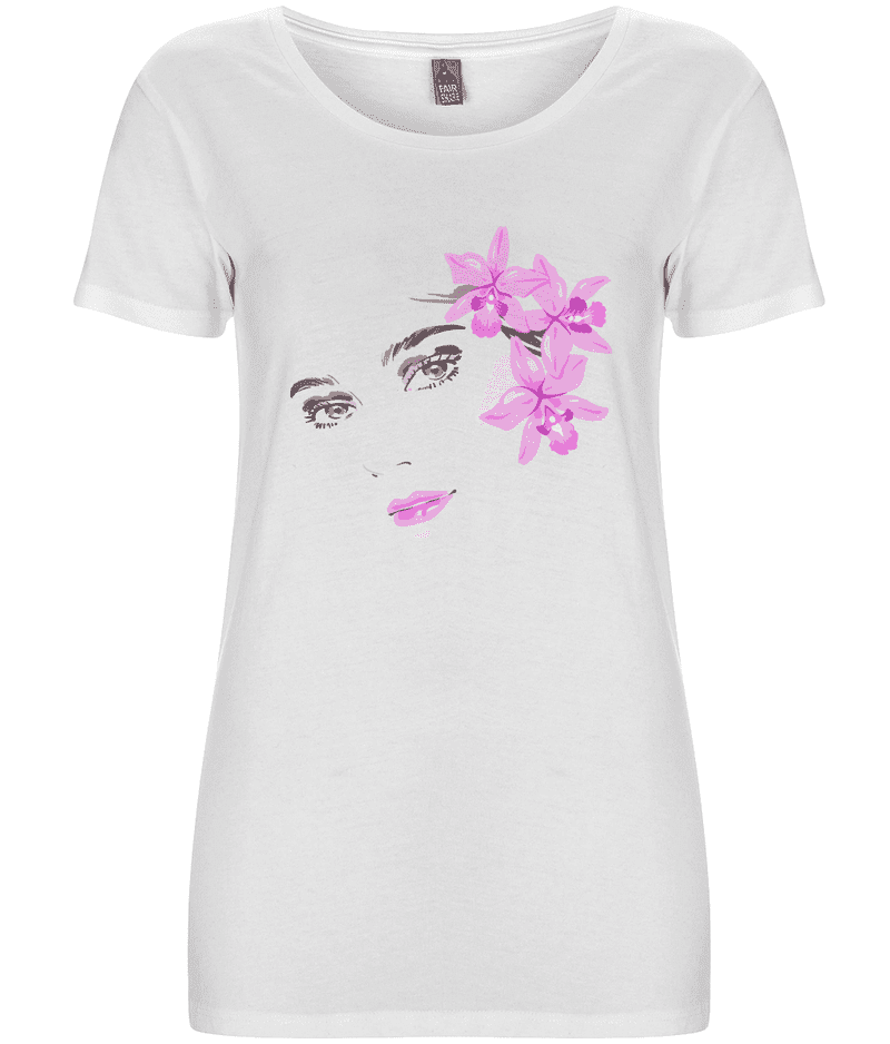 White T Shirt with Girls Face & Magenta Orchids