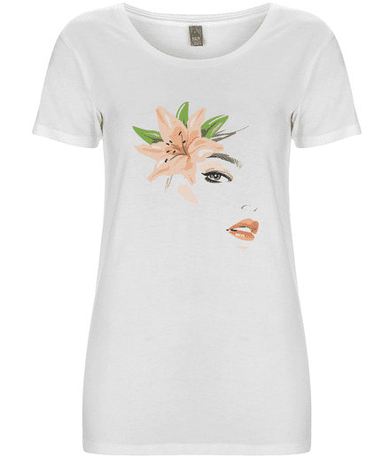 White T Shirt with Girls Face & Peach Lilies