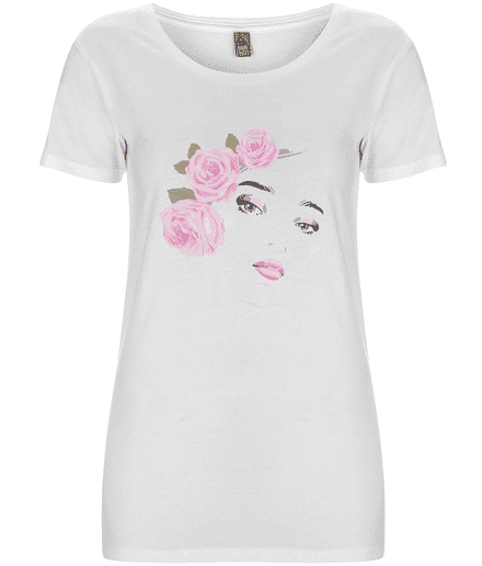 White T Shirt with Girls Face & Pink Roses
