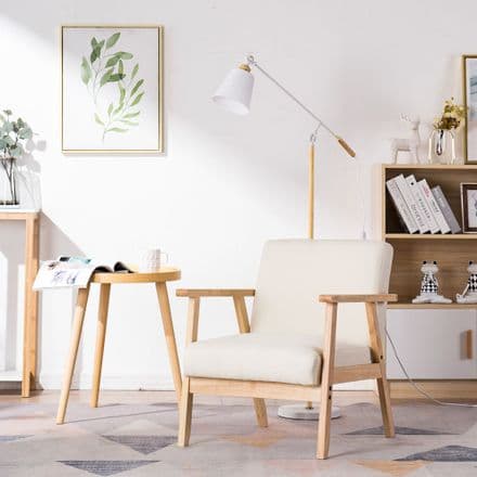 Wood frame armchair with cream fabric cushions