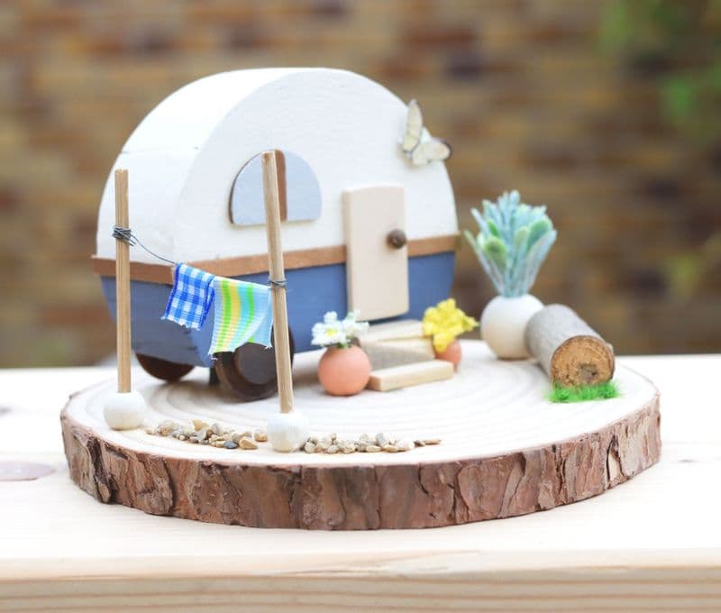Wooden Caravan Ornament in Cream and Blue