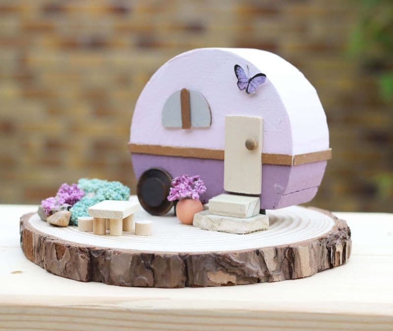 Wooden Caravan Ornament in Pink and Purple
