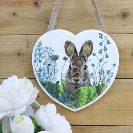 Wooden Heart Wall Plaque with Rabbit in Spring Meadow