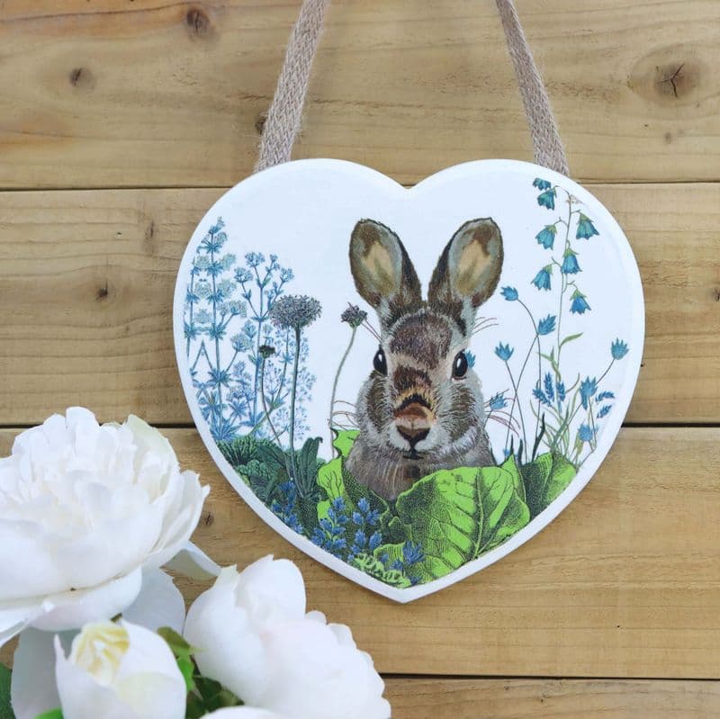 Wooden Heart Wall Plaque with Rabbit in Spring Meadow