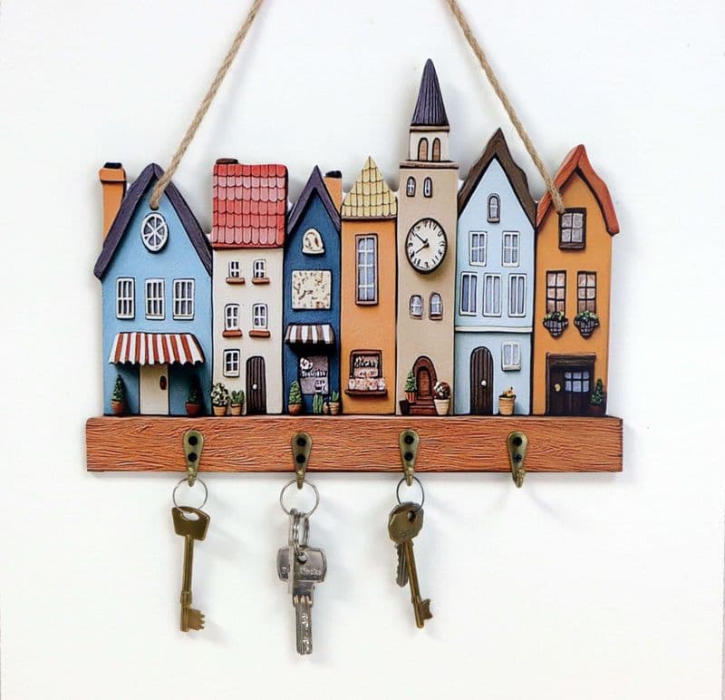 Wooden Keyholder with Town Houses