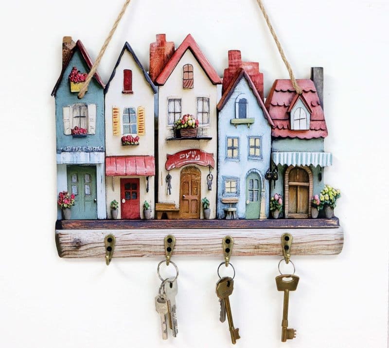 Wooden Keyholder with Village Houses