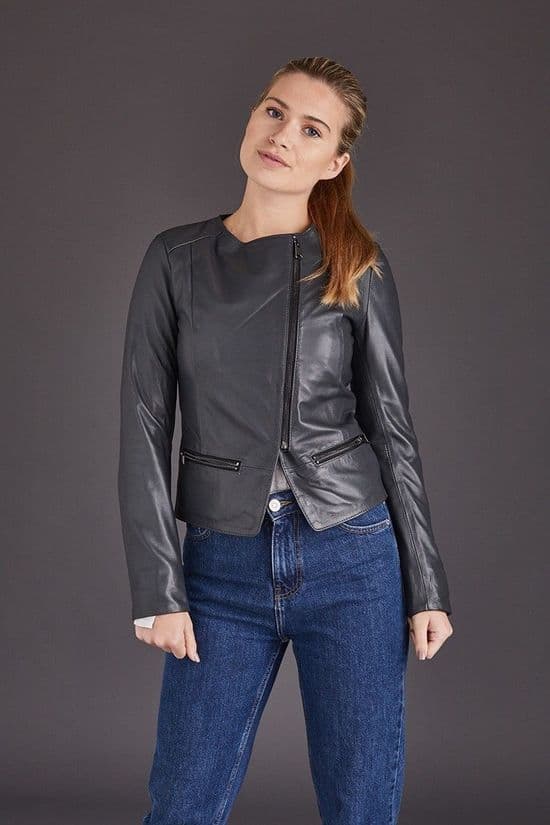 Grey Leather Jacket Womens:Chenel