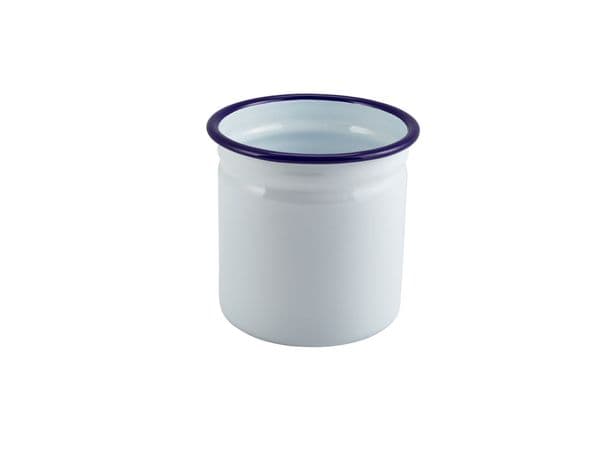 Enamel Cutlery Holder White with Blue Rim 11.5cm Dia