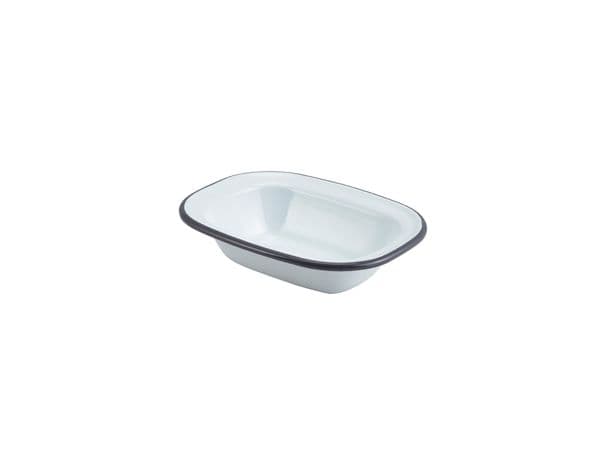 Enamel Rect. Pie Dish White with Grey Rim 16cm  Box of 12