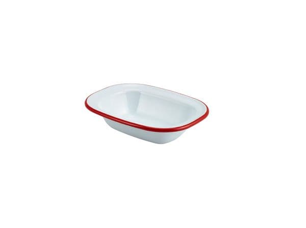 Enamel Rect. Pie Dish White with Red Rim 16cm Box of 12