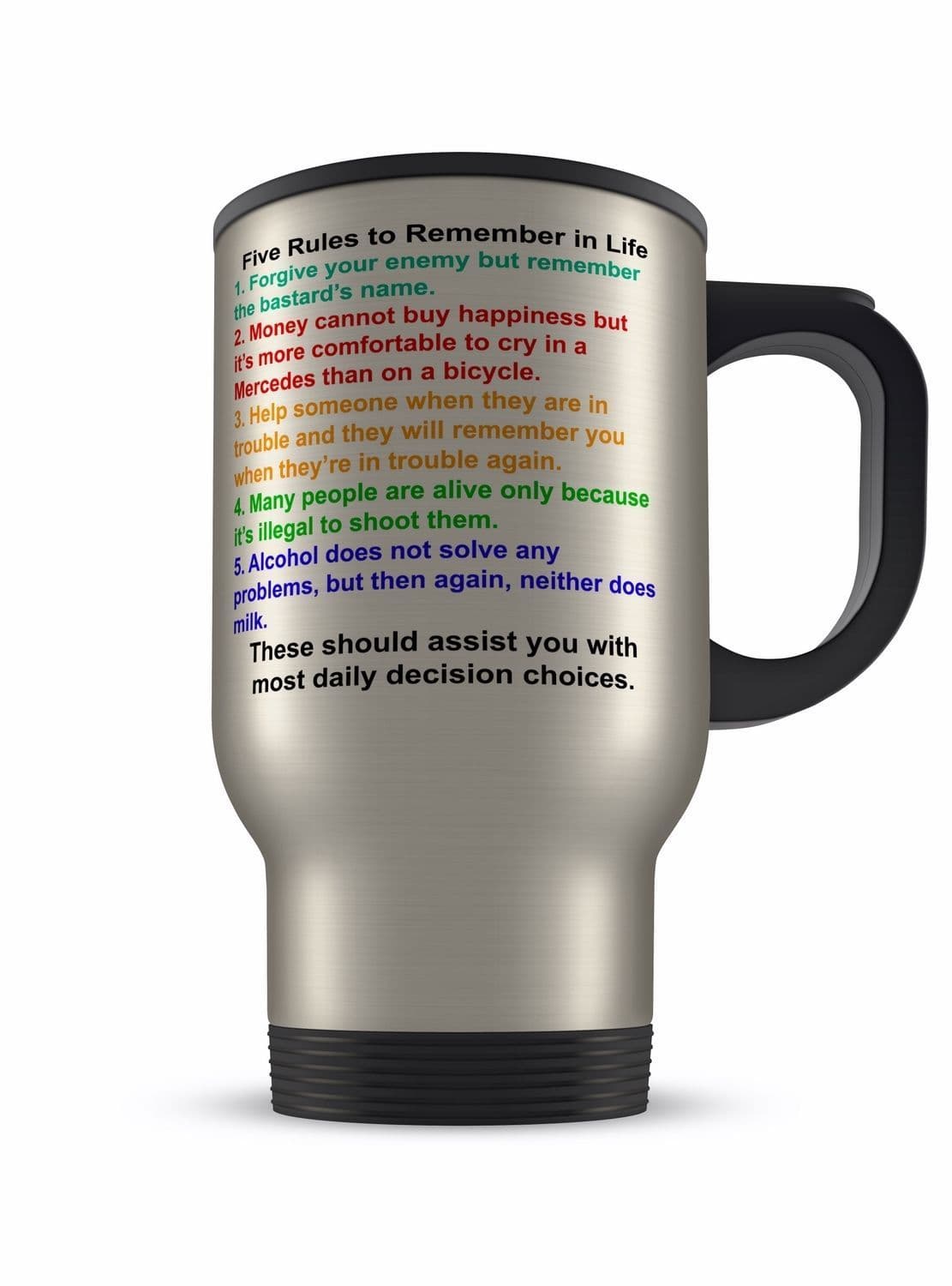 14Oz Five Rules To Remember In Life Funny Novelty Gift Aluminium Travel Mug