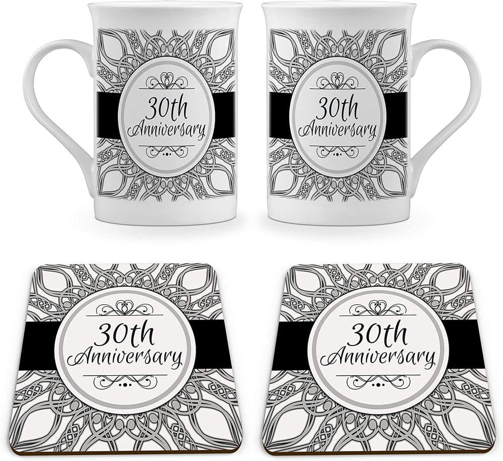 Pair of 30th Anniversary Pearl Novelty Gift Fine Bone China Mugs Swirls
