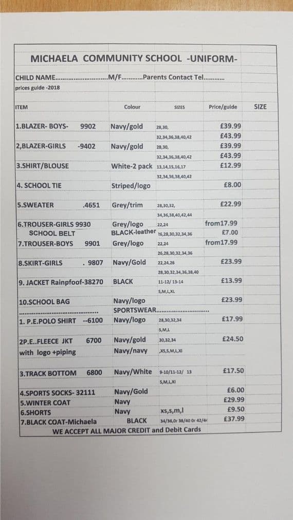 PRICE LIST MICHAELA
