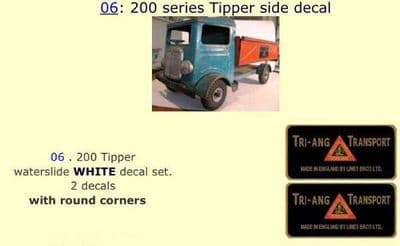 06 Tri-ang 200 series Tipper side White decal set