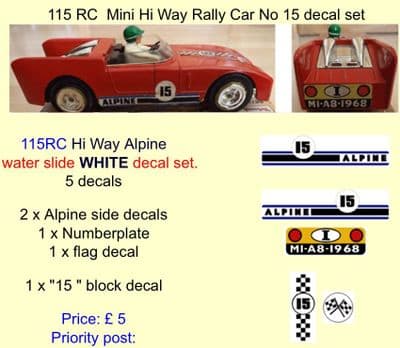 115 Tri-ang RC  Mini Hi Way Rally Car No 15 decal set