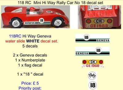 118 Tri-ang RC  Mini Hi Way Rally Car No 18 decal set