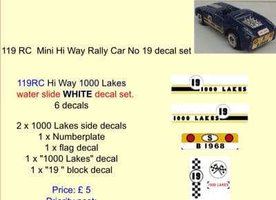 119 Tri-ang RC  Mini Hi Way Rally Car No 19 decal set