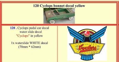 120 Cyclops Pedal Car bonnet decal YELLOW