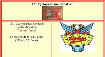 121 Cyclops Pedal Car bonnet decal RED