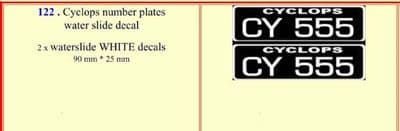 122 Cyclops number plates water slide decal