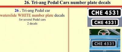 26 Tri-ang Pedal Cars number plate decals