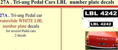 27A Tri-ang Pedal Cars LBL  number plate decals