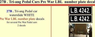 27B Tri-ang Pedal Cars Pre War LBL  number plate decals