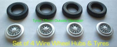 4 Wire Hubs with 15mm Treaded Black Tyres for Aston Martins etc.  (Price is for a set of 4)
