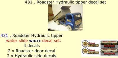 431 . Tri-ang Roadster Hydraulic tipper decal set