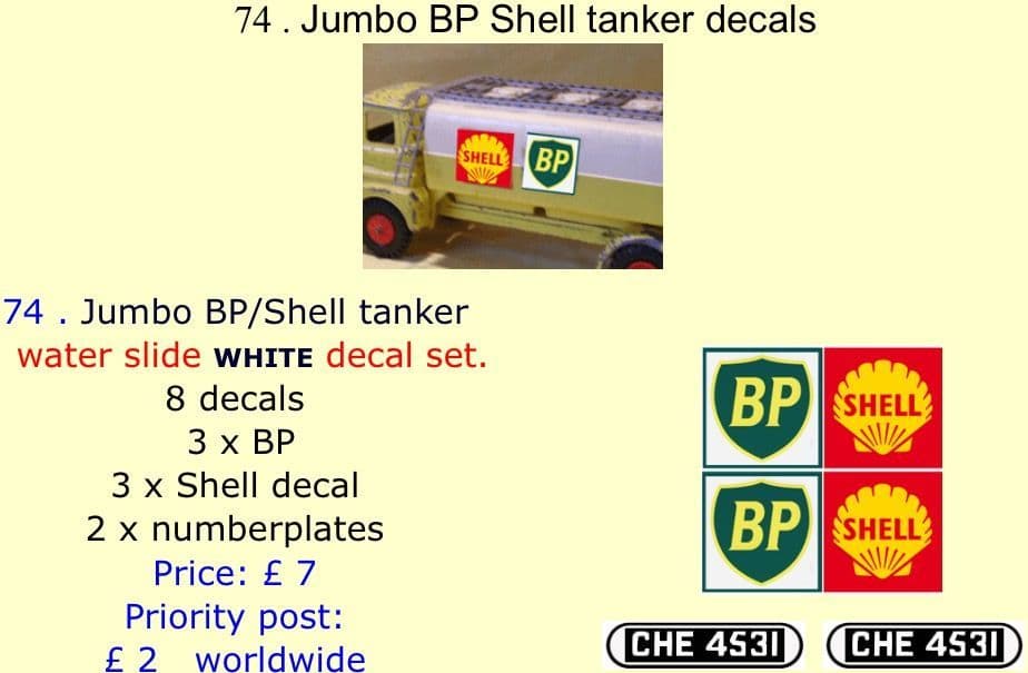 74 Triang Jumbo BP Shell tanker decals