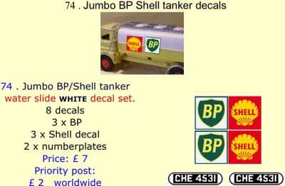 74 . Tri-ang Jumbo BP Shell tanker decals