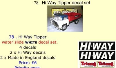 78 . Tri-ang Hi Way Tipper decal set