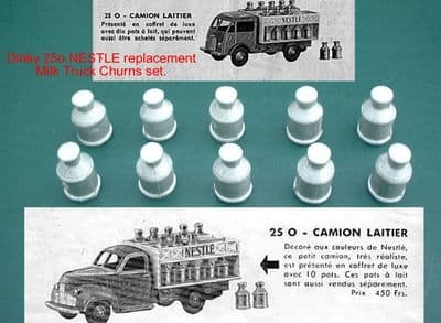 French Dinky Toys 25O Ford or Studebaker NESTLE White Metal Milk Churns ( Price for 10 churns )
