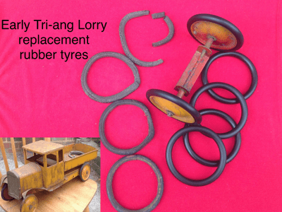 Set of 4 Black Rubber tyres for early Tri-ang Triang  pressed steel lorries , Locomotives  etc.