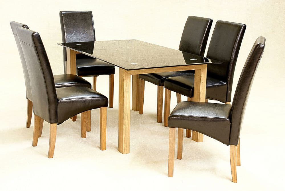 Black Glass top Dining set With 6 Chairs Oak