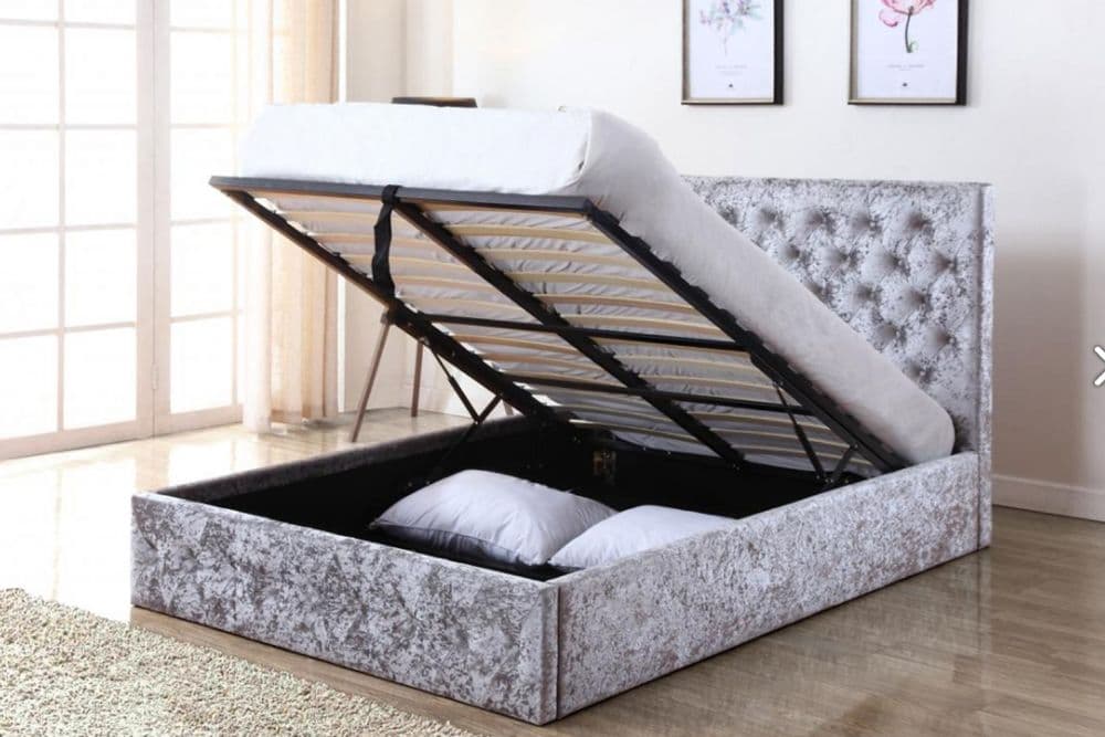 Crushed Velvet  Double Storage Bed Silver