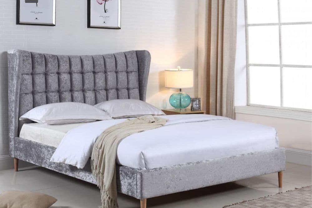 Crushed Velvet Winged Double Bed Silver