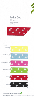 12251 Polka Dot Ribbon. 15& 25mm. 6 colours. 20 metres