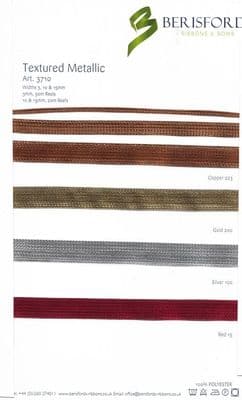 20 metres3710 Textured Metallic Ribbon.  3, 10 & 15mm.  Copper, Gold, Silver & Red.  20 metres