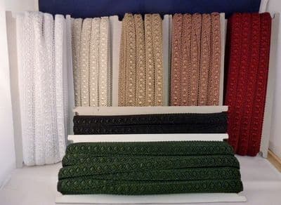 5700 Furniture - Garment Braid.  1.5cm.  White Green, Red, Wine & Black.  20 metres.