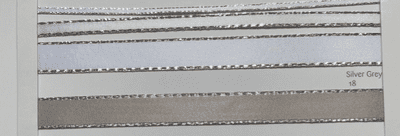 8603 Berisford's Silver Edge Satin Ribbon.  3, 7 & 15mm. Silver Grey & White. 20 metre reels.