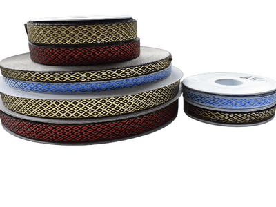 Diamond Metallic Christmas Ribbon. 10 & 23mm. Black/Gold, Black/Red & Blue/White. 25 metres