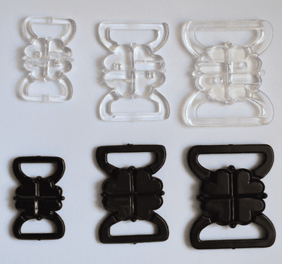 K168/K111  Bikini Clasps.  10, 13 & 20mm. Black & Transparent.  50 sets.