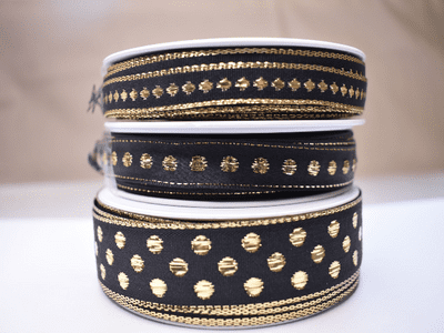 Metallic Spot Christmas Ribbon. 10, 12 & 23mm. Black/Gold. 25 metres