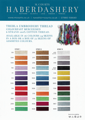 Trebla Embroidery Threads. 8 metre skeins. 30 colours. 24 skeins per pack