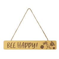 'Bee Happy' Yellow Wooden Hanging Sign