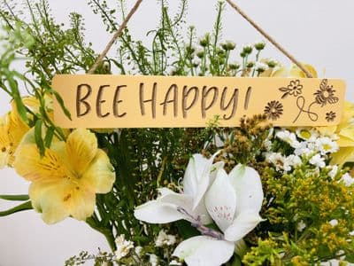 'Bee Happy' Yellow Wooden Hanging Sign