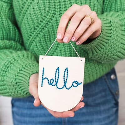 'Hello' Embroidery Wooden Banner Craft Kit, Blue